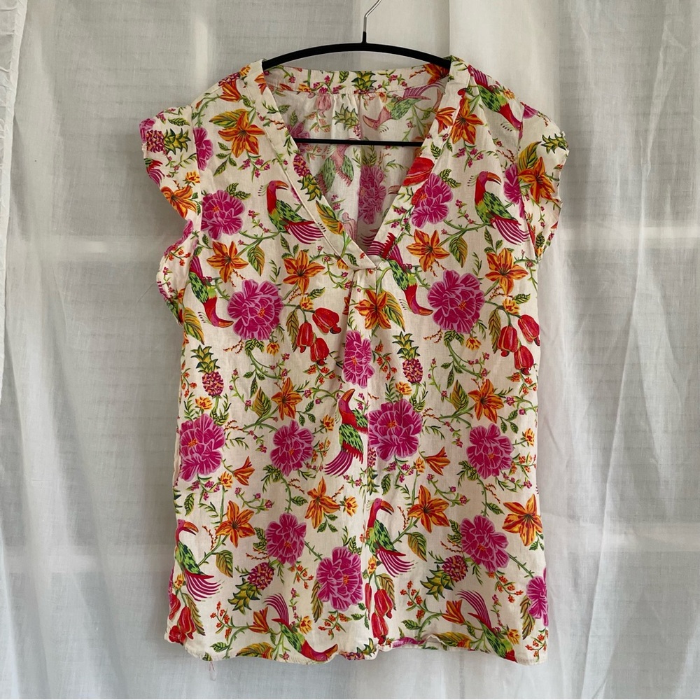 Tropical Floral Top, Flutter Sleeves, Linen Rayon blend - Picture 2 of 9